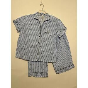 Serra Size XL Sailor Anchor Stripe Pajama Capri Pants Button Up Shirt Plus Size